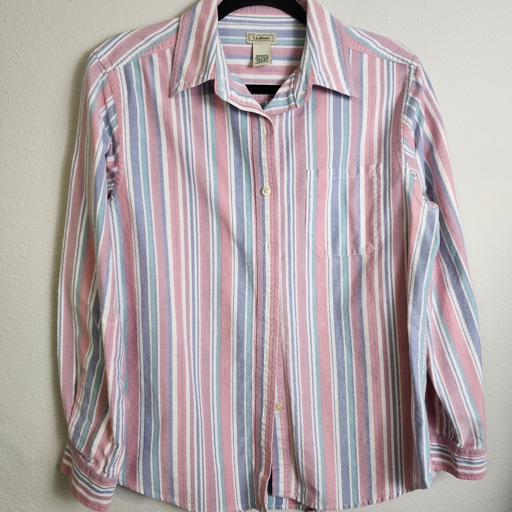 Vintage L.L. Bean Striped Pastel Pink Green Purple Button Down Shirt Size Large